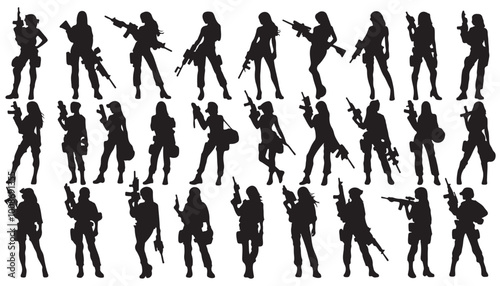 Trop or Female special forces commandos silhouette collection vector illustration black and white art