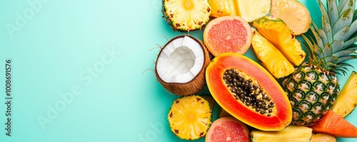 Tropical fruit slices--papaya, pineapple, and coconut--arranged in a spiral on a soft pastel mint background.