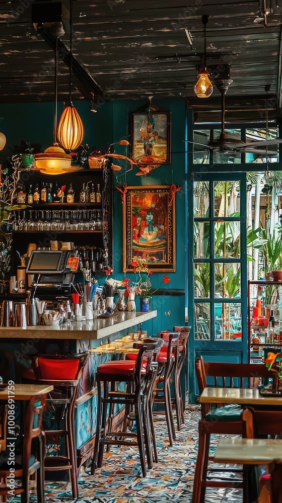 Charming cafe interior featuring vibrant decor, cozy seating, and a welcoming atmosphere perfect for relaxation and socializing. Charming cafe interior featuring vibrant decor, cozy seating, and a welcoming atmosphere perfect for relaxation and socializing.