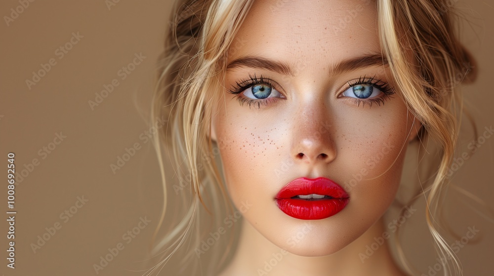 Close-Up Portrait of Woman with Red Lipstick and Blue Eyes Close-Up Portrait of Woman with Red Lipstick and Blue Eyes