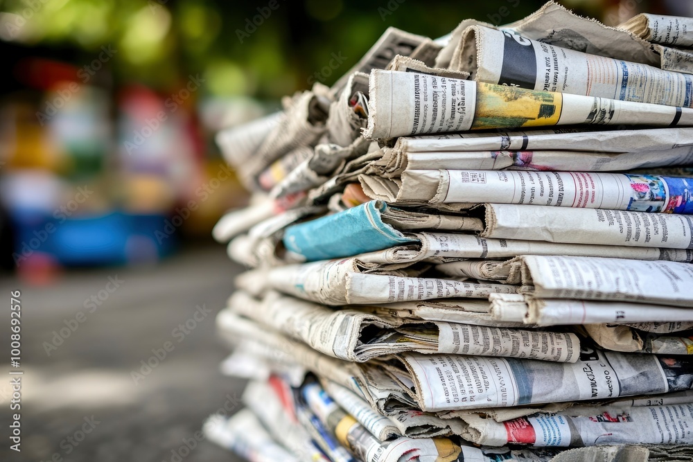 Pile of fresh newspapers on blur background - generative ai Pile of fresh newspapers on blur background - generative ai