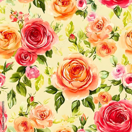 Watercolor Floral Pattern with Roses  Leaves and Buds on Cream Background