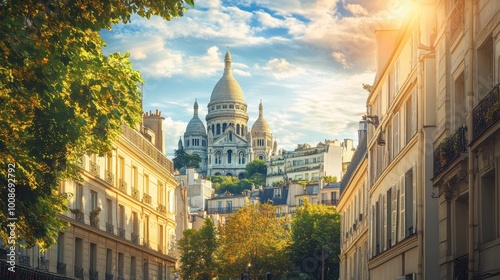 A view of the Sacrur Basilica, perched on top of Montmartre Hill, overlooking Paris.