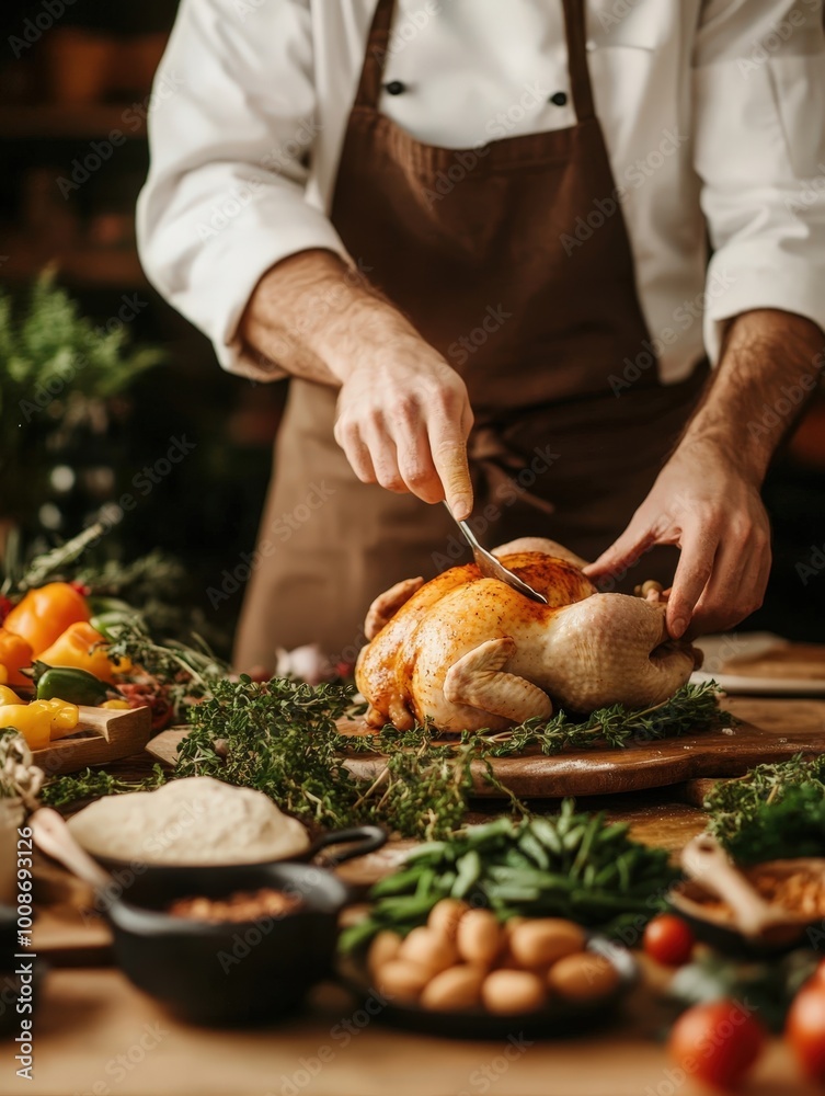 Chef Carving Roasted Chicken in Rustic Kitchen Chef Carving Roasted Chicken in Rustic Kitchen