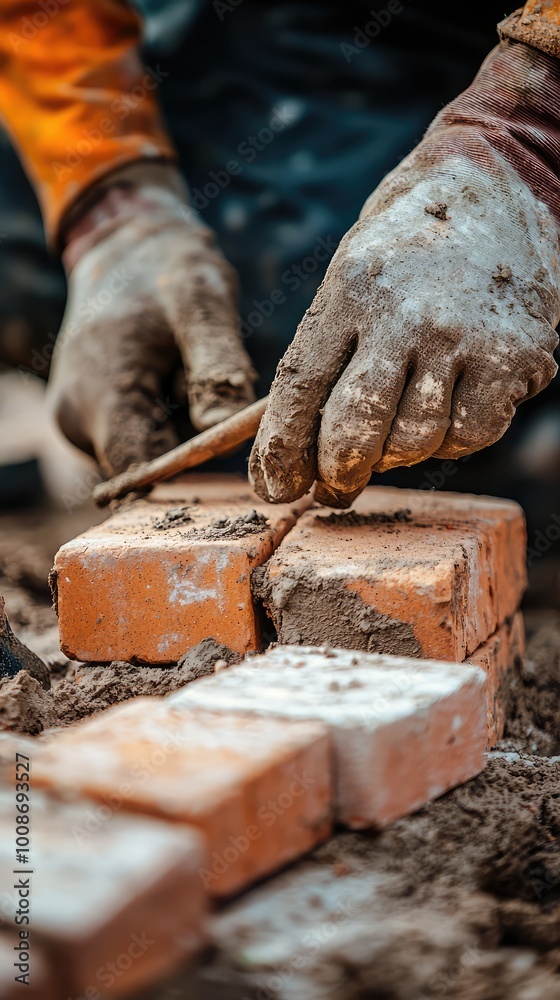 Close-up of a mason laying bricks with precision, showcasing the craftsmanship and attention to detail in construction work. Close-up of a mason laying bricks with precision, showcasing the craftsmanship and attention to detail in construction work.