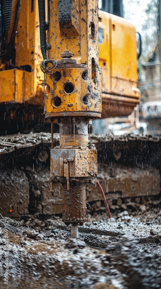 Close-up of a heavy construction machine drilling into wet ground for excavation and project development. Close-up of a heavy construction machine drilling into wet ground for excavation and project development.