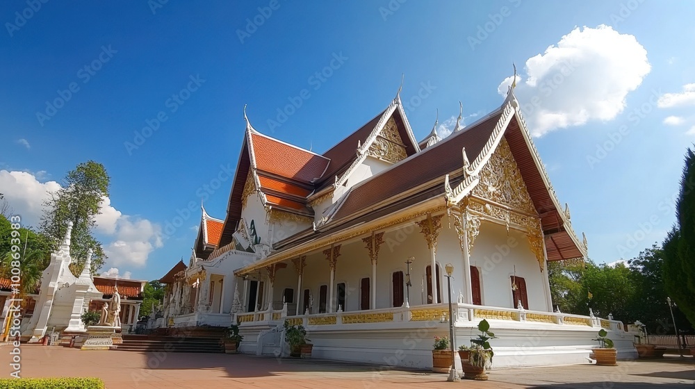 The beautiful and modern architecture of Wat Phrathat Phanom Wanaram, set against a bright blue sky. The beautiful and modern architecture of Wat Phrathat Phanom Wanaram, set against a bright blue sky.