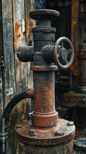 Close-up of a vintage, rusty valve with handle, showcasing intricate details and textures in an industrial setting. photo