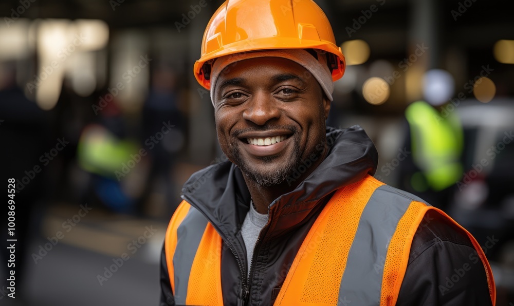 Portrait of smiling African American worker man in helmet. Black male engineer wearing safety vest and hard hat standing in manufacturing or construction site. Positive emotion good job. Portrait of smiling African American worker man in helmet. Black male engineer wearing safety vest and hard hat standing in manufacturing or construction site. Positive emotion good job.