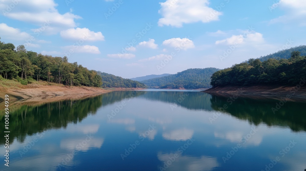 The calm waters of Srinagarind Reservoir, reflecting the surrounding hills and blue skies. The calm waters of Srinagarind Reservoir, reflecting the surrounding hills and blue skies.