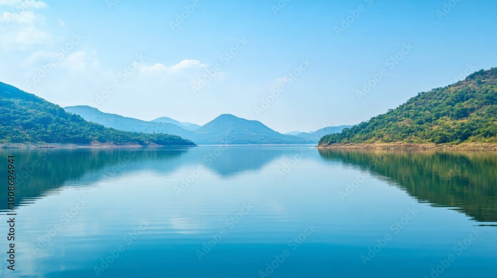 The calm waters of Srinagarind Reservoir, reflecting the surrounding hills and blue skies. The calm waters of Srinagarind Reservoir, reflecting the surrounding hills and blue skies.