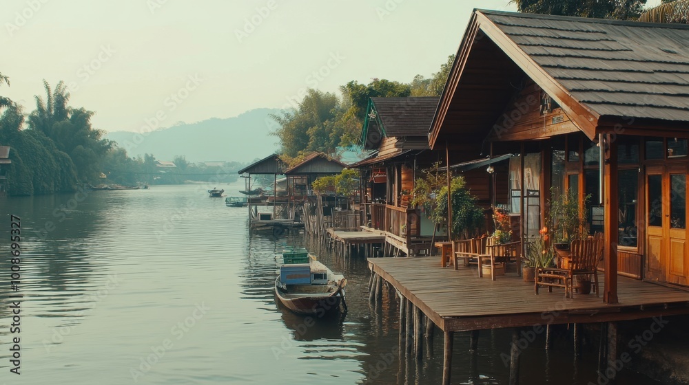 Fototapeta premium The charming wooden houses along the banks of the Kwai River, a serene escape from the city.