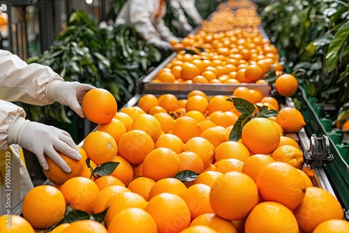 Trabajadores con trajes de protección blanca y mascarillas, manipulando productos en una lí­nea de producción alimentaria.  photo