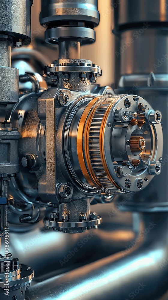 Close-up view of a metallic industrial valve showcasing detailed engineering and precision components in a factory setting. Close-up view of a metallic industrial valve showcasing detailed engineering and precision components in a factory setting.