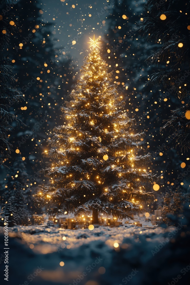 Naklejka premium A glowing Christmas tree in a snowy forest at night.