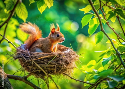 Squirrel Nest High in a Tree Surrounded by Lush Green Foliage in a Tranquil Natural Setting