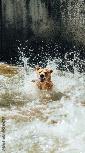 A joyful dog splashes in water, enjoying a playful moment. photo