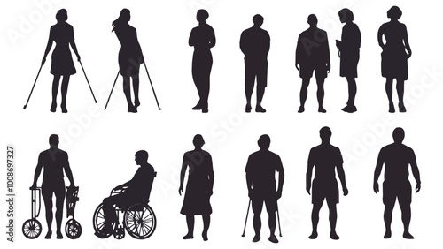 Silhouettes of different people with disability vector illustration set on transparent background.