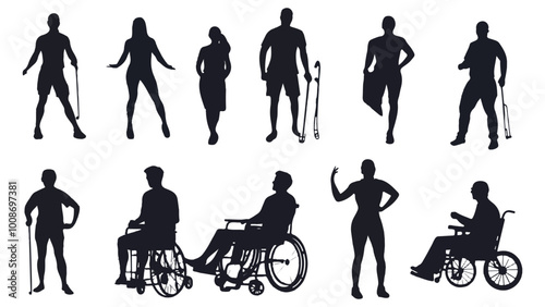Silhouettes of different people with disability vector illustration set on transparent background.