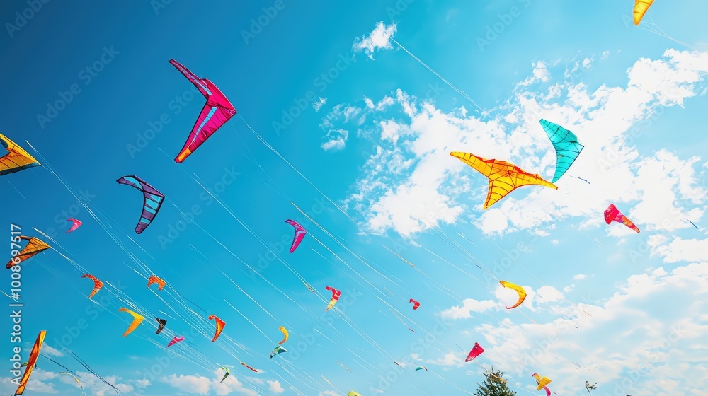 Colorful kites soar high against a bright blue sky, showcasing vibrant patterns and a sense of joy and freedom. Colorful kites soar high against a bright blue sky, showcasing vibrant patterns and a sense of joy and freedom.