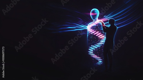 A glowing AI figure gently touching a human's chest, with holographic strands of DNA and data streams flowing from the person body photo