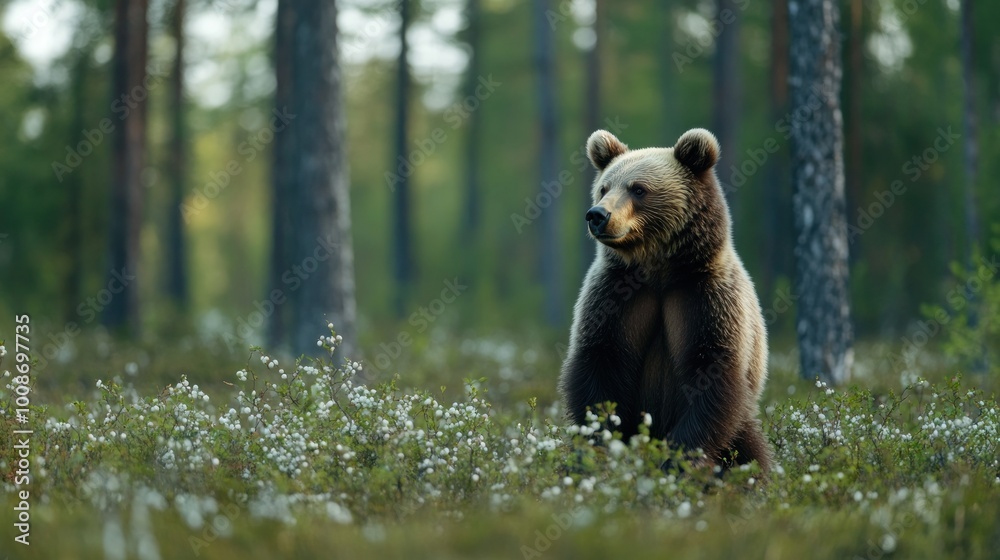 Obraz premium A brown bear sits peacefully in a lush forest, surrounded by greenery and wildflowers.