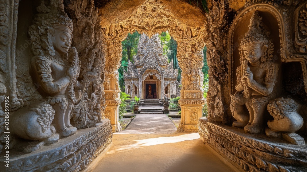 Fototapeta premium The impressive entrance to Wat Tham Phu Wa, with intricate carvings leading to a peaceful cave.
