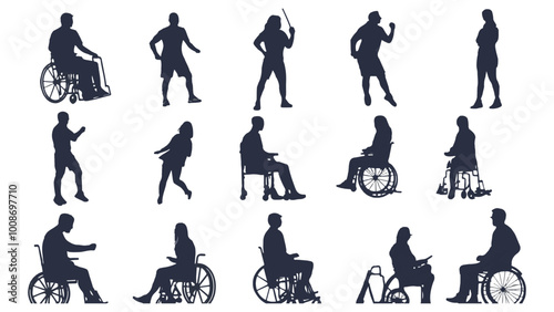 Silhouettes of different people with disability vector illustration set on transparent background.