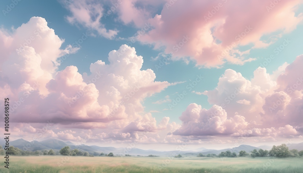 Fototapeta premium Dreamy pink clouds in soft pastel sky for romantic Valentine's Day backdrop