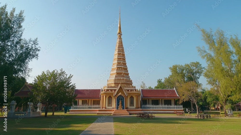 Naklejka premium The majestic Phra Mahathat Kaen Nakhon (Nine-Storey Stupa) at Wat Nong Wang, towering over the serene Khon Kaen skyline.
