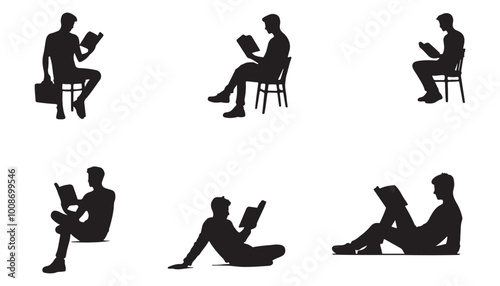 Silhouettes of people reading books standing, sitting and lying vector illustration vector illustration black and white art