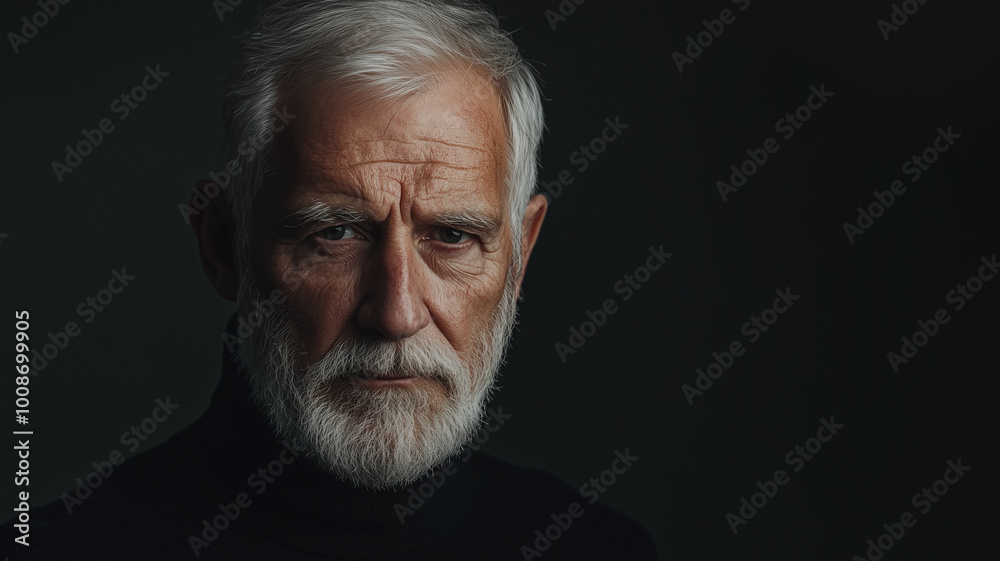 Charismatic elderly man with a silver beard, sharp eyes, dressed in a black turtleneck, soft studio lighting emphasizing the texture of the face, deep cinematic shadows in the background Charismatic elderly man with a silver beard, sharp eyes, dressed in a black turtleneck, soft studio lighting emphasizing the texture of the face, deep cinematic shadows in the background