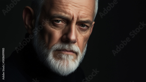 Charismatic elderly man with a silver beard, sharp eyes, dressed in a black turtleneck, soft studio lighting emphasizing the texture of the face, deep cinematic shadows in the background 