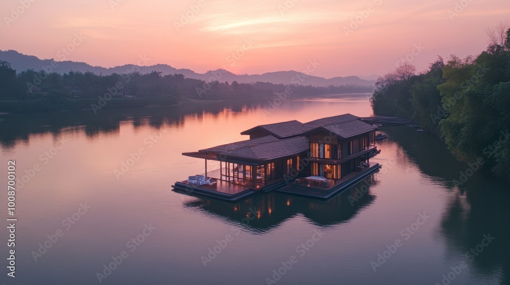 Fototapeta premium The peaceful floating homes on the River Kwai, a serene escape from the city.