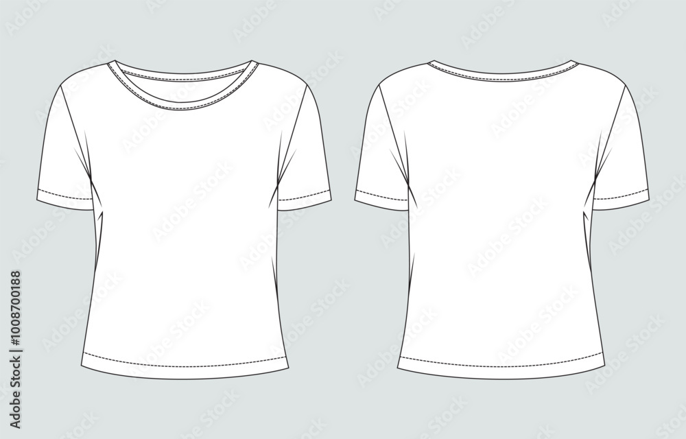 Naklejka premium Short sleeve t shirt tops technical drawing fashion flat sketch vector illustration template for ladies