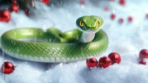 Cute green snake with yellow eyes and red berries on Christmas tree background