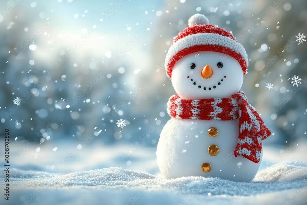 Snowman with a red scarf in a snowy scene. Snowman with a red scarf in a snowy scene.