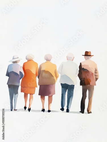 Watercolor Illustration of Elderly Group Walking Together, Back View