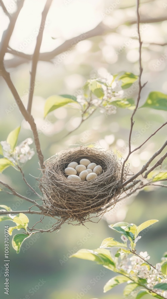 A serene bird's nest with eggs nestled among blooming branches. A serene bird's nest with eggs nestled among blooming branches.