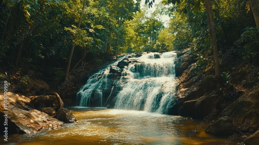 Obraz premium The peaceful surroundings of Sai Yok National Park, with its pristine waterfalls and dense jungle.