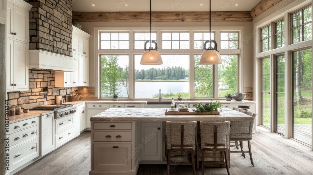 A luxury rustic kitchen with sleek white cabinetry A luxury rustic kitchen with sleek white cabinetry