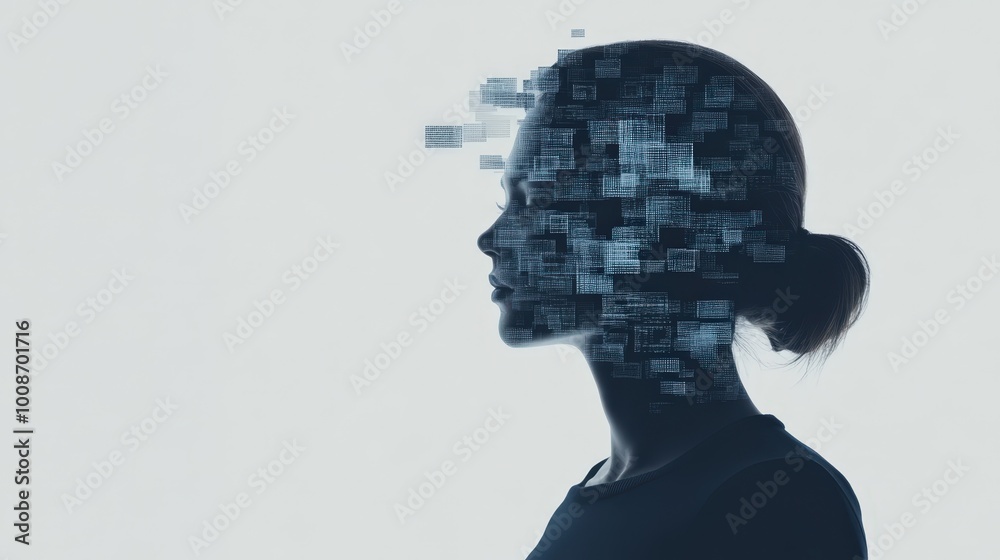 Silhouette of Woman with Pixelated Digital Head in Blue Tones


