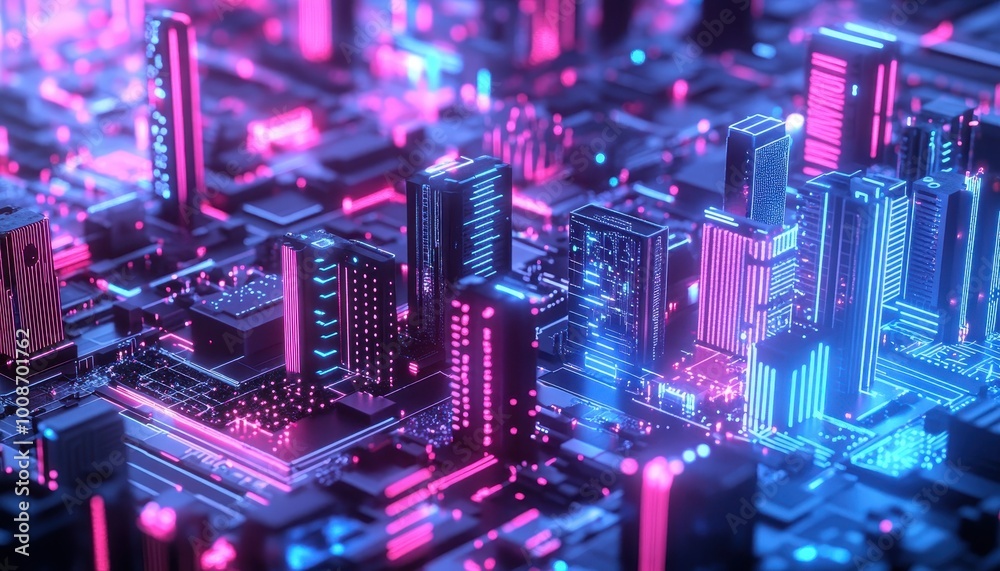 Glowing Futuristic Cityscape: A Neon-Lit Technological Metropolis Glowing Futuristic Cityscape: A Neon-Lit Technological Metropolis