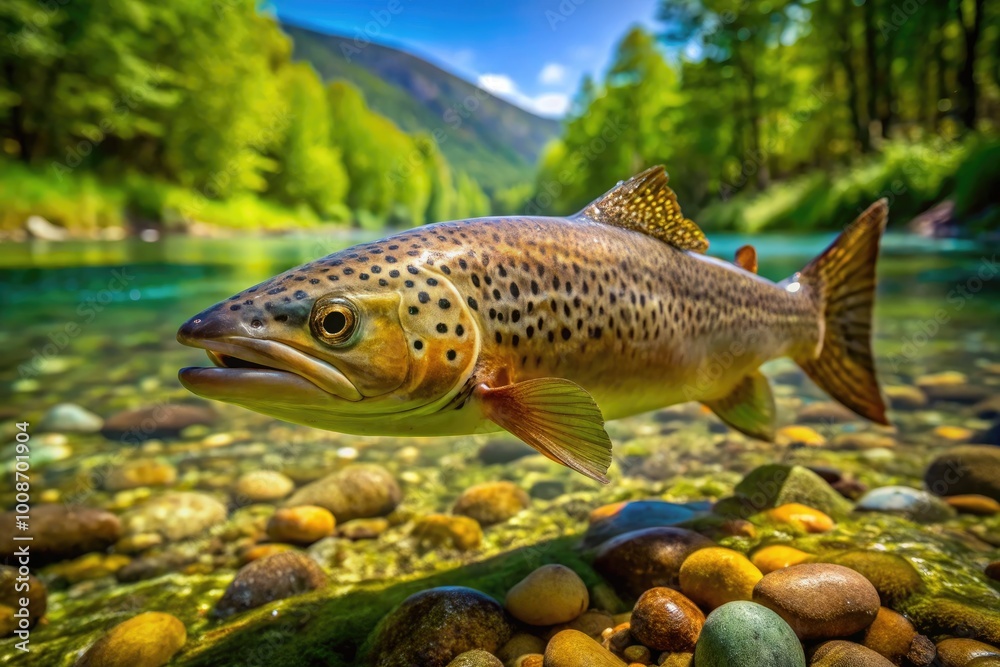 Fototapeta premium Stunning Brown Trout Swimming Gracefully in Crystal Clear Freshwater Stream Surrounded by Nature