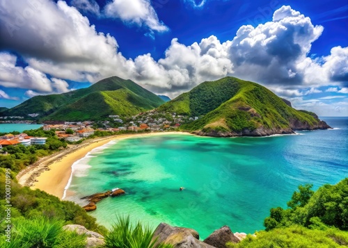 Stunning Caribbean Beach Landscape with Turquoise Waters and Lush Green Mountains in St. Maarten