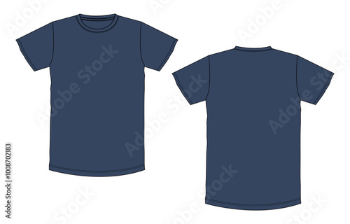 Short sleeve T shirt Technical Fashion flat sketch vector illustration navy color template front and back views.