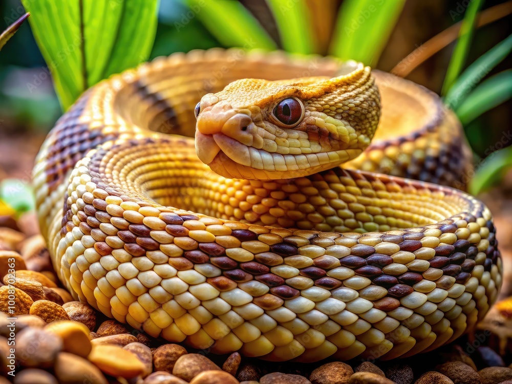 Obraz premium Stunning close-up of a canebrake rattlesnake coiled in its natural habitat in the wild.