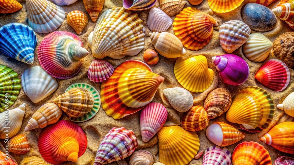 Stunning Close-Up Images of Various Shells on Sandy Beach with Vibrant Textures and Colors Stunning Close-Up Images of Various Shells on Sandy Beach with Vibrant Textures and Colors