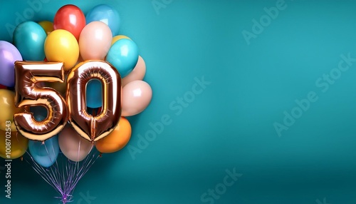Banner with number 50 colorful balloons with copy space