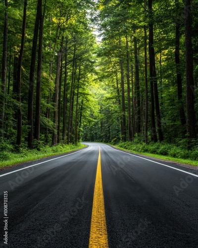 Winding road surrounded by lush green trees and foliage.